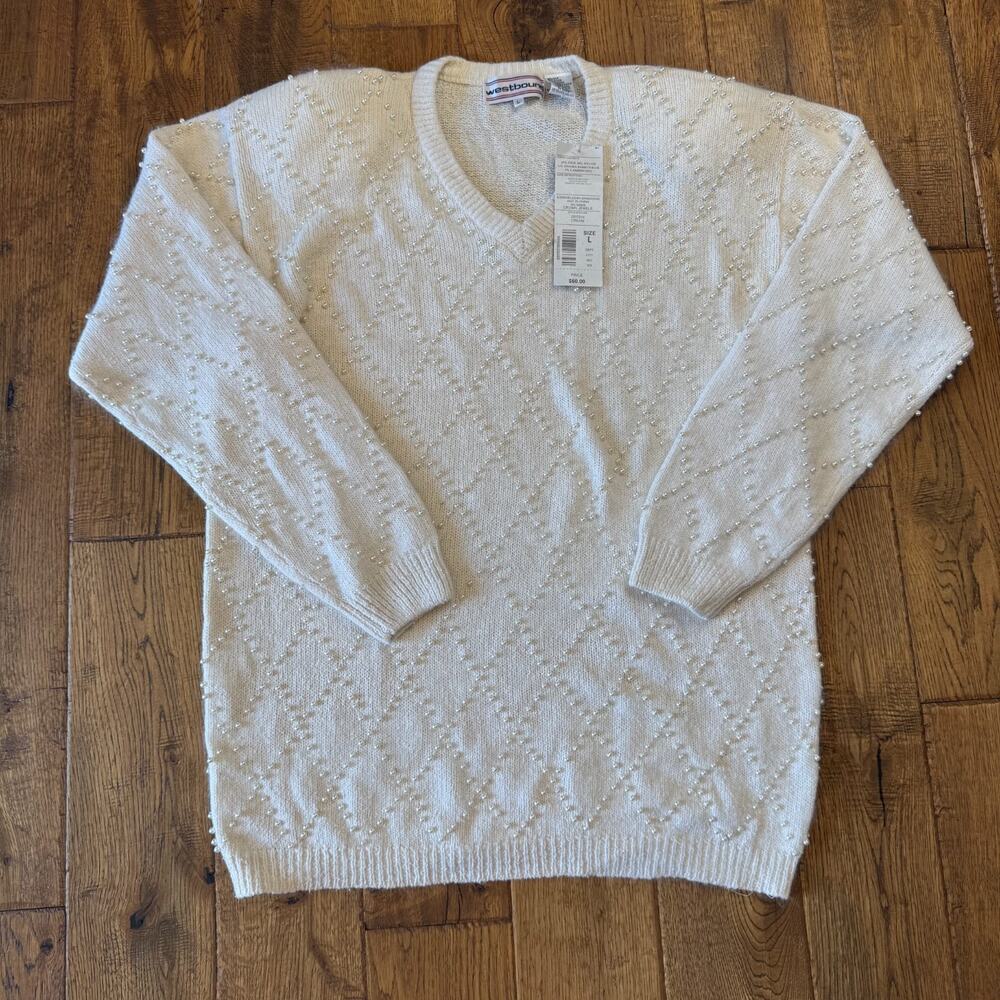 VTG Westbound Cream Silk Angora Wool Pearl Beaded Crown Jewel Sweater Sz L NWT